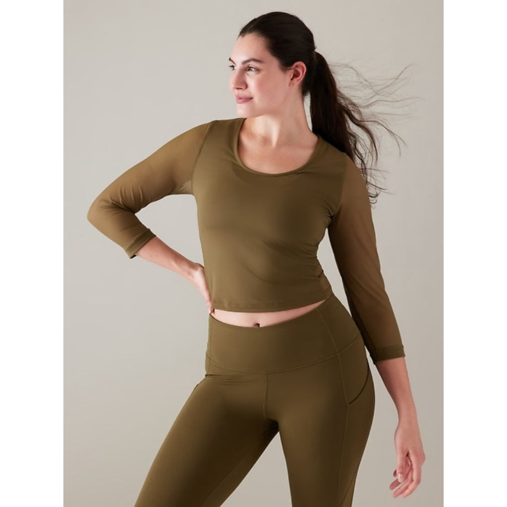 Athleta Pacer Mesh 3/4 Sleeve Cropped Yoga Top Large Olive Green NWT RT$69